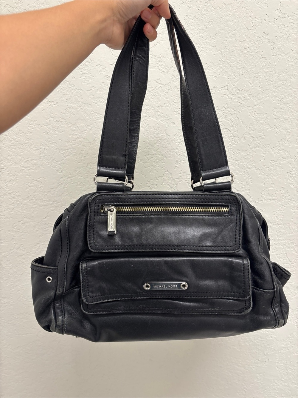 Michael Kors Black Leather Shoulder Satchel with Silver Hardware